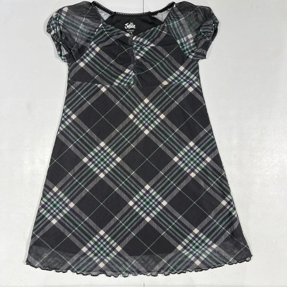 Justice Girls Old Money Tartan Heritage Plaid Mesh Overlay Dress XS 5 6 Boho